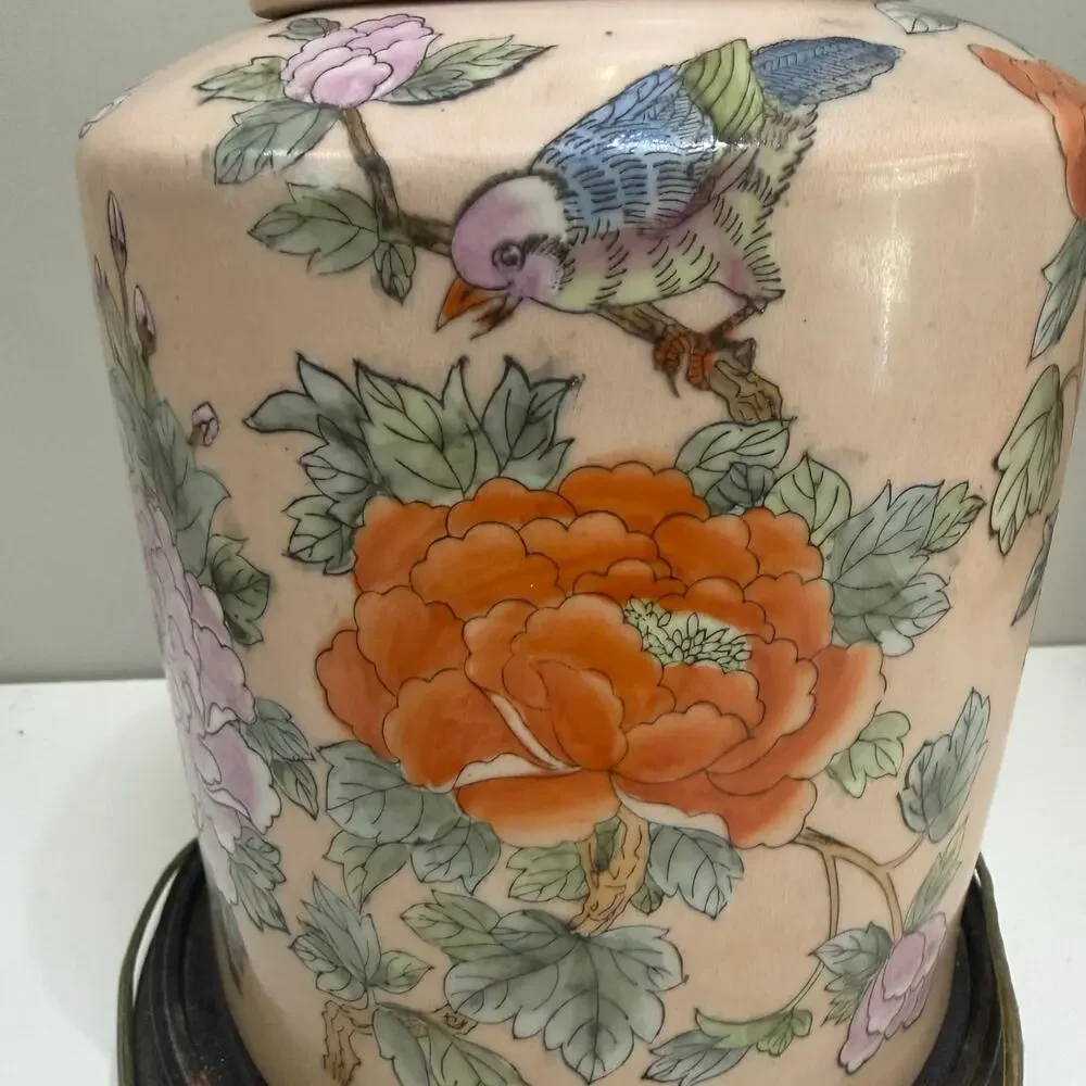 Chinese Ginger Jar Table Lamp Enamel Porcelain Pink Floral Bird Chinoiserie